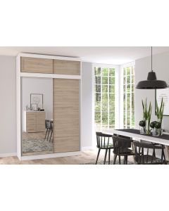 Firenze150 M2 magasított tolóajtós, tükrös gardróbszekrény fehér-tölgy